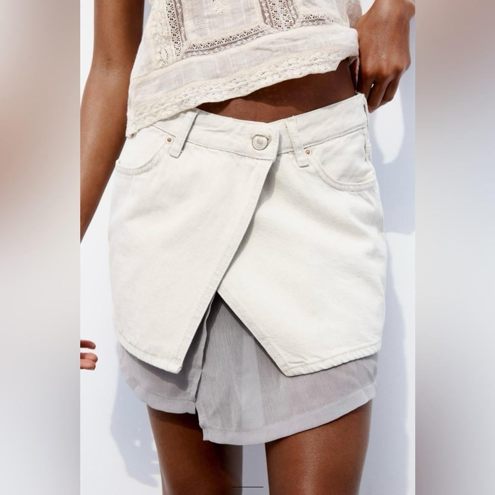 ZARA Asymmetrical Wrap Denim Mini Skirt | Size S | Light Blue & Grey